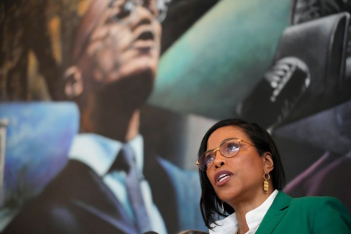 Ilyasah Shabazz, a daughter of Malcolm X, speaks during a news conference at the Malcolm X & Dr. Betty Shabazz Memorial and Educational Center in New York, on Feb. 21, 2023. 