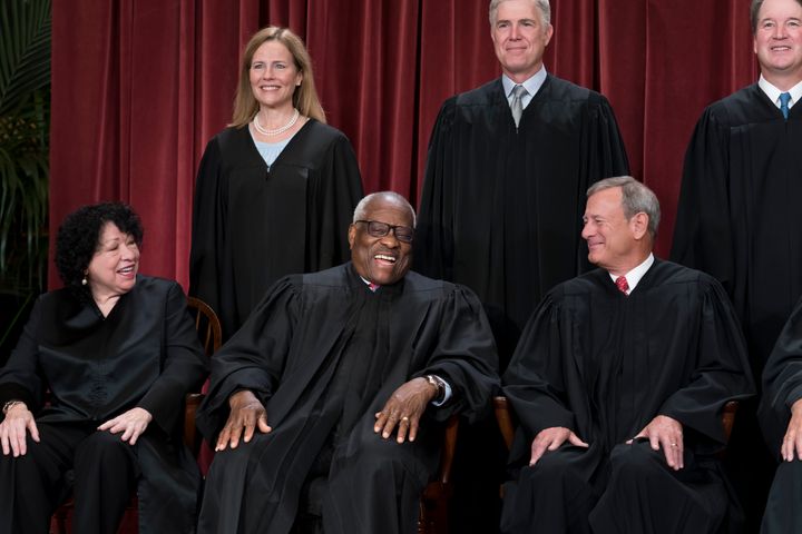 The Supreme Court heard arguments about Section 230 Tuesday and Wednesday. Here, part of the group is shown as the justices sit for a new portrait in October.