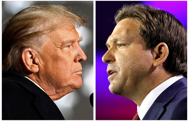 Former U.S. President Donald Trump and Florida Governor Ron DeSantis speak at midterm election rallies, in Dayton, Ohio, on Nov. 7, 2022, and Tampa, Florida, on Nov. 8, 2022, in a combination of file photos. 