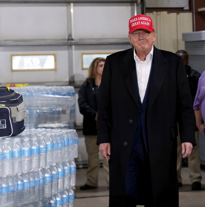 Former President Donald Trump arrives Wednesday at the East Palestine Fire Department as he visits the area in the aftermath of the Norfolk Southern train derailment Feb. 3 in eastern Ohio.