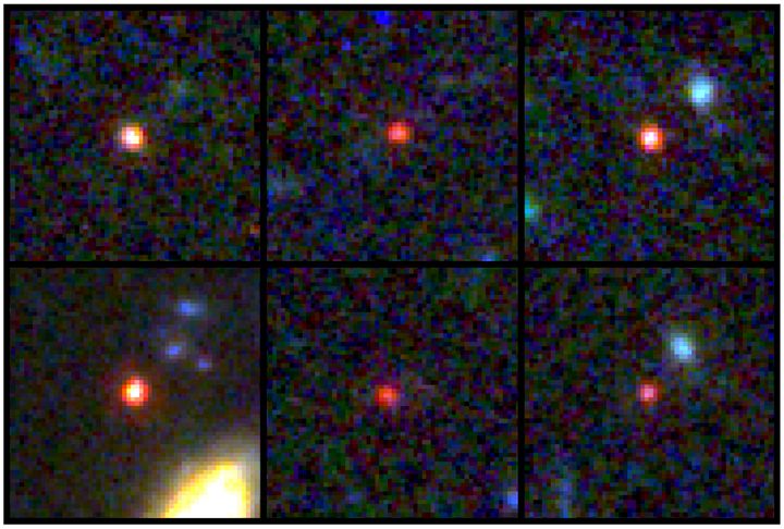 This image provided by NASA and the European Space Agency shows images of six candidate massive galaxies, seen 500-800 million years after the Big Bang. One of the sources (bottom left) could contain as many stars as our present-day Milky Way, but is 30 times more compact (NASA via AP)