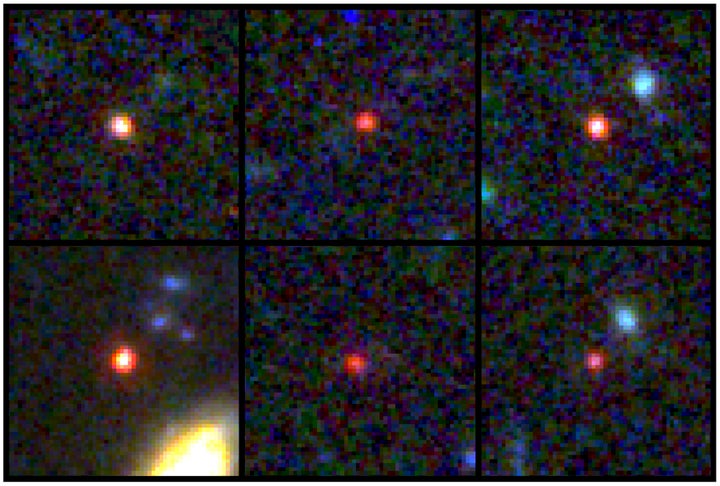 This image provided by NASA and the European Space Agency shows images of six candidate massive galaxies, seen 500-800 million years after the Big Bang. One of the sources (bottom left) could contain as many stars as our present-day Milky Way, but is 30 times more compact (NASA via AP)