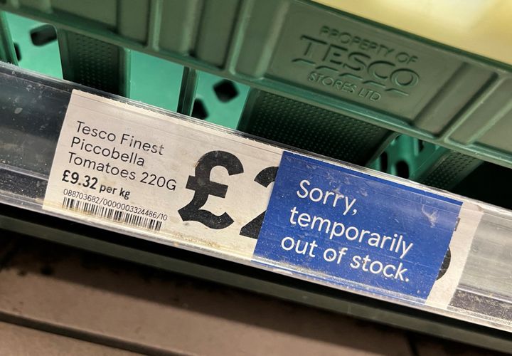 Empty tomato section is seen on shelves at Tesco supermarket in London, Britain, February 21, 2023.
