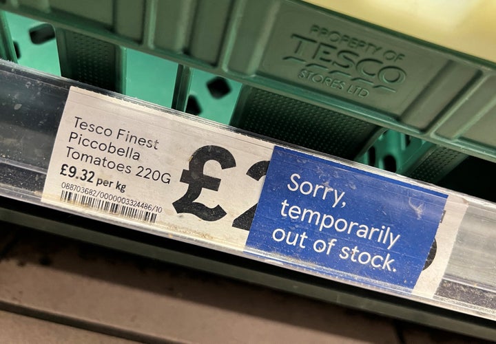 Empty tomato section is seen on shelves at Tesco supermarket in London, Britain, February 21, 2023.