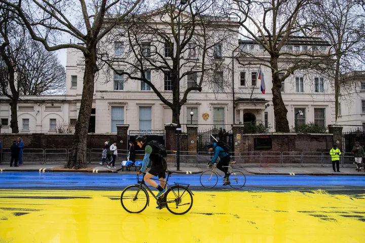 painted road in front of Russian embassy in Ukrainian colours in London