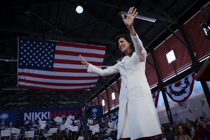 Republican presidential candidate Nikki Haley waves to supporters while arriving at her first campaign event on Feb. 15 in Charleston, South Carolina.