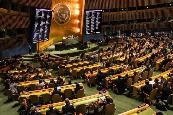 Monitors show result of a United Nations General Assembly vote for a U.N. resolution upholding Ukraine's territorial integrity and calling for a cessation of hostilities after Russia's invasion, Thursday Feb. 23, 2023 at U.N. headquarters. (AP Photo/Bebeto Matthews)