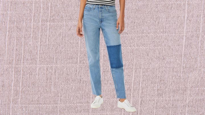 Free Assembly super high rise straight jeans in indigo patchwork