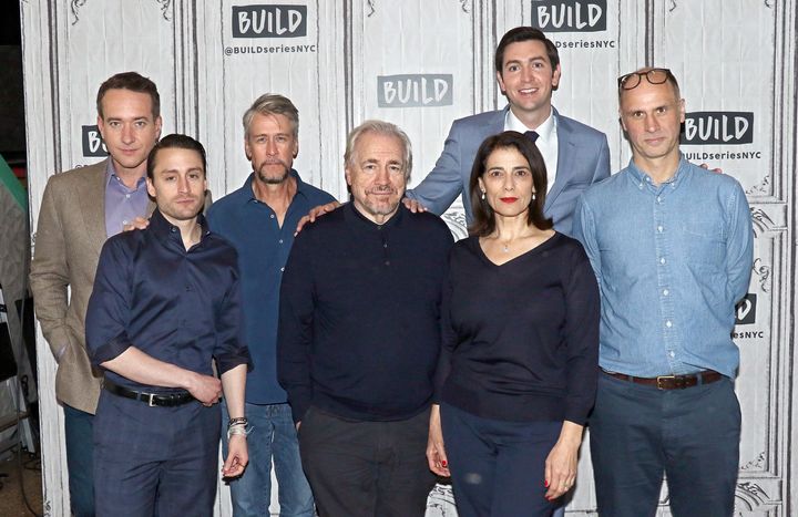 (L-R) Succession stars Matthew Macfadyen, Kieran Culkin, Alan Ruck, Brian Cox, Hiam Abbass, Nicholas Braun with creator Jesse Armstrong in 2018