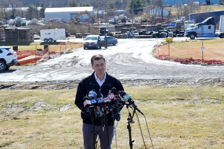 Transportation Secretary Pete Buttigieg speaks during a news conference near the site of the Feb. 3 Norfolk Southern train derailment in East Palestine, Ohio, Thursday, Feb. 23, 2023. 