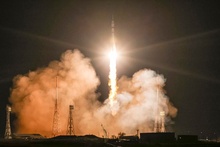 In this handout photo released by Roscosmos State Space Corporation, the new, empty Soyuz MS-23 capsule blasts off at the Russian leased Baikonur cosmodrome in Baikonur, Kazakhstan, on Feb. 24, 2023. Russia has launched a rescue ship for two cosmonauts and a NASA astronaut whose original ride sprang a dangerous leak at the International Space Station. 