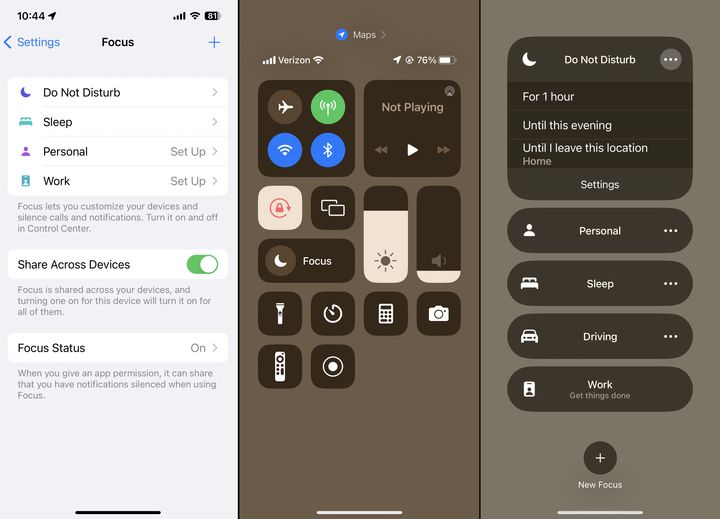 An iPhone's "Focus" menu, control center with "Focus" button, and quick-select "Do Not Disturb" functions.