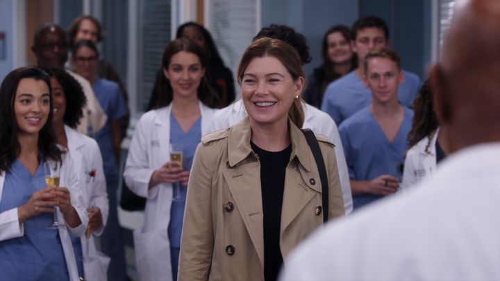 Dr. Meredith Grey (Ellen Pompeo) on an episode of "Grey's Anatomy" last year, during her last appearance as a main cast member. The show begins a staggering 20th season on Thursday.