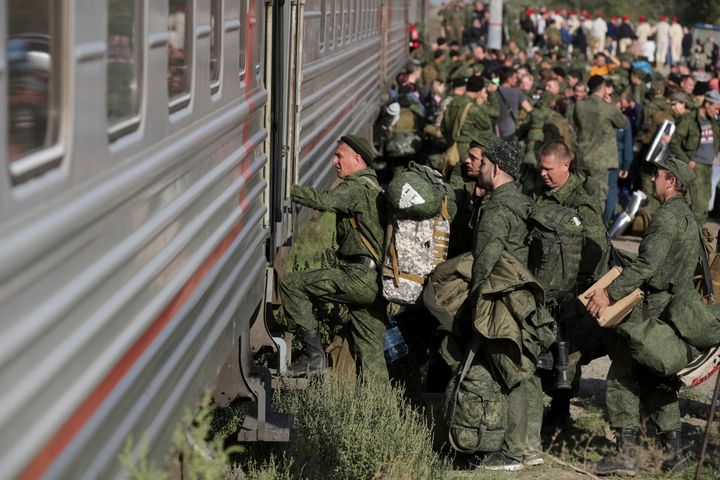 Russian recruits take a train at a railway station in Prudboi, in Russia’s Volgograd region, Thursday, Sept. 29, 2022. President Vladimir Putin announced a partial mobilisation, the first since World War II, amid the war in Ukraine.