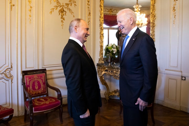 Russian President Vladimir Putin and US President Joe Biden meet during the US-Russia Summit at Villa La Grange on June 16, 2021, in Geneva, Switzerland.