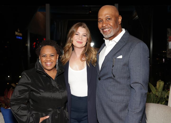 Chandra Wilson, Ellen Pompeo and James Pickens Jr., the three remaining original cast members of "Grey's Anatomy" at a celebration of the show's 400th episode in 2022.