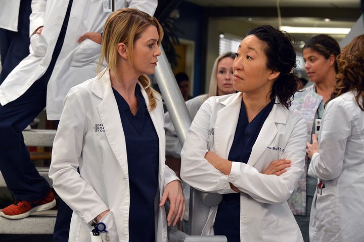 Ellen Pompeo and Sandra Oh in Season 10 of "Grey's Anatomy." 