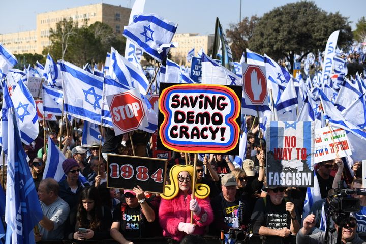 Thousands of Israeli protesters rally against the Netanyahu government's judicial overhaul bills in Jerusalem on Feb. 20, 2023.