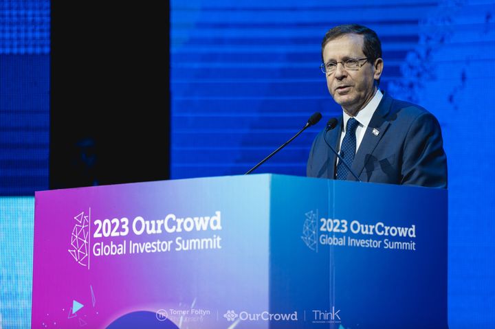 Israeli President Isaac Herzog speaks at the OurCrowd summit in Jerusalem on Feb. 15, 2023.