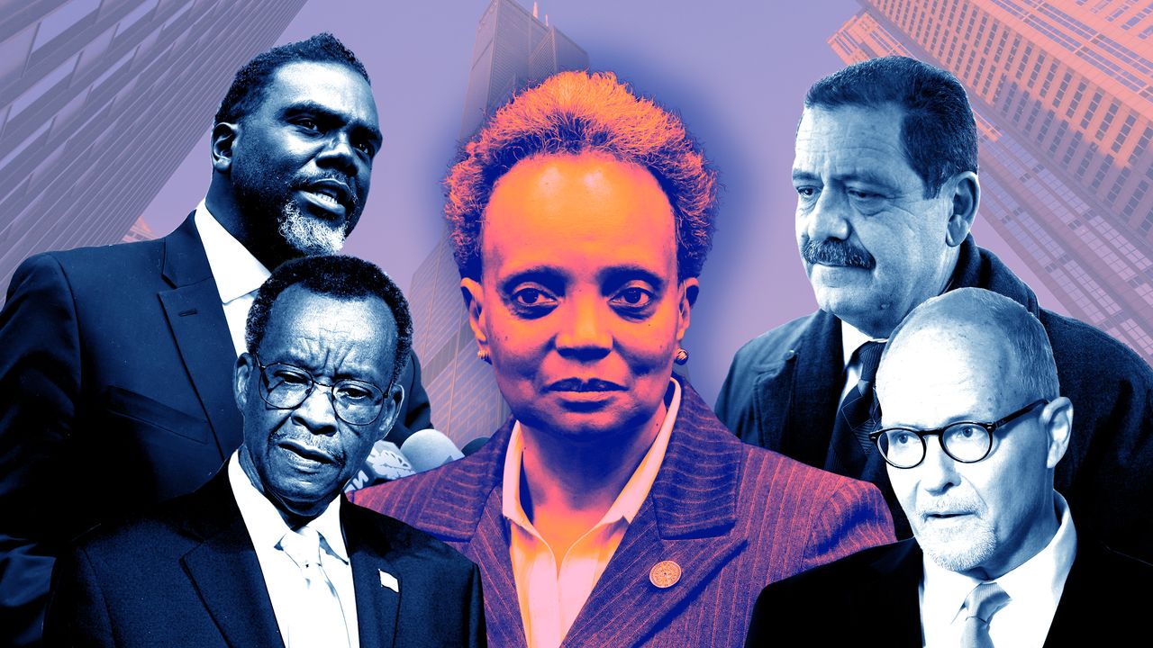 Chicago mayoral candidates, clockwise from top left: Brandon Johnson, Chicago Mayor Lori Lightfoot (center), Rep. Jesús "Chuy" García (D-Ill.), Paul Vallas and Willie Wilson.