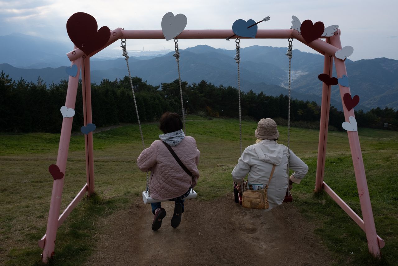 A “top of the world” swing at the summit of the Unpenji Ropeway in Tokushima, Shikoku.