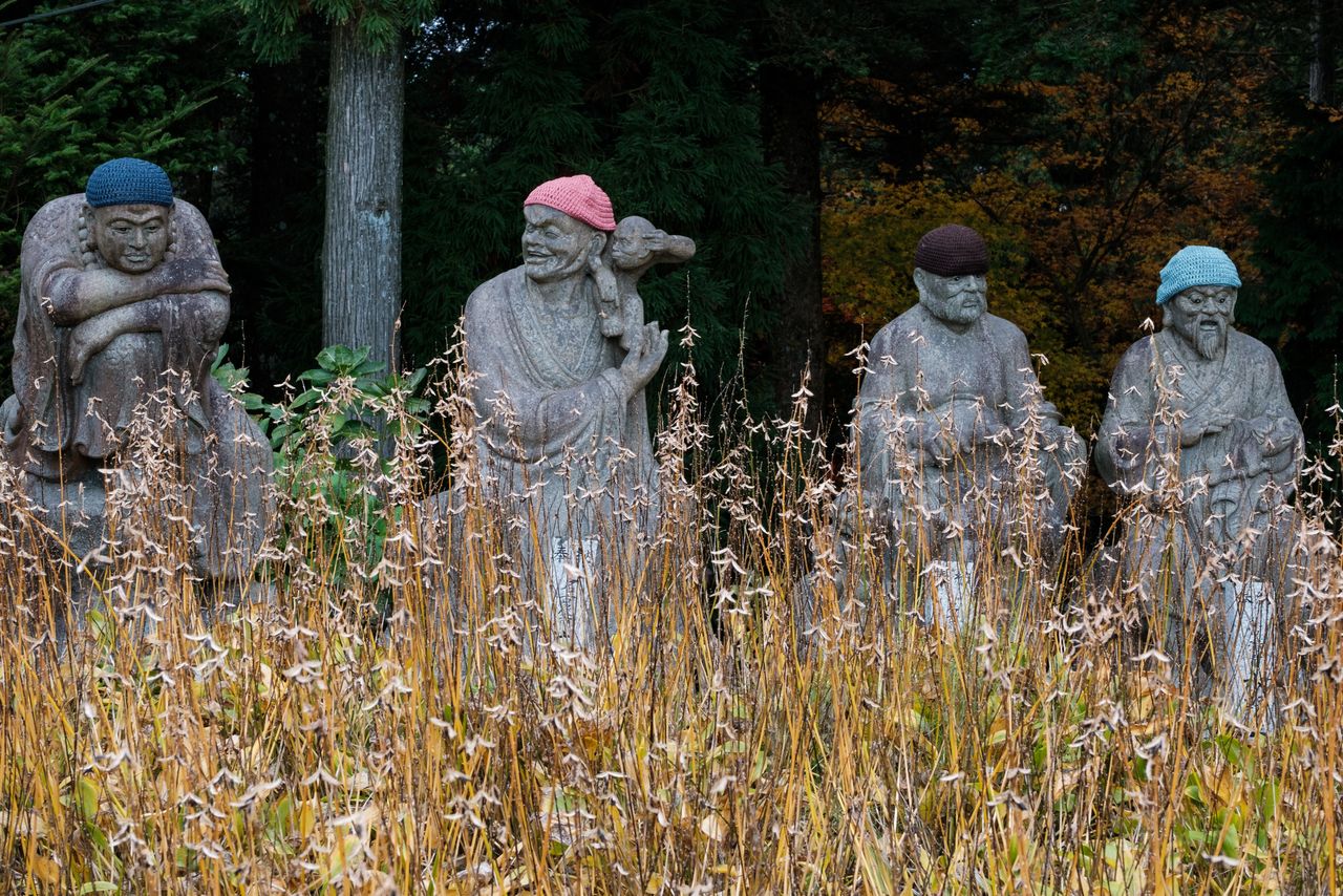 Four of the 500 rakan statues at Unpenji, Shikoku.