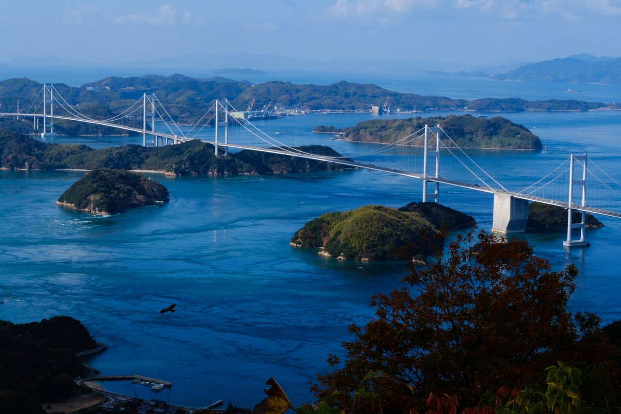 A view across the Seto Inland Sea to the Shimanami Highway in Ehime, Shikoku.