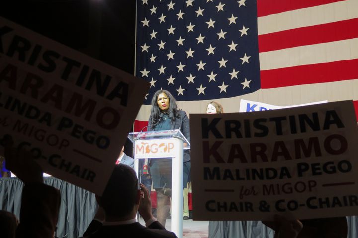 Kristina Karamo speaks Feb. 18 to delegates at the Michigan Republican Party convention in Lansing.