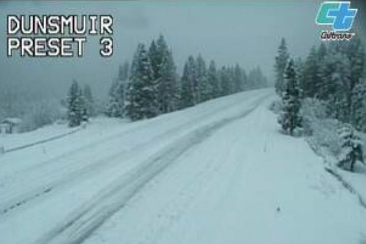An image from a remote Caltrans traffic video camera shows an empty Interstate 5 in Dunsmuir, California on Friday.