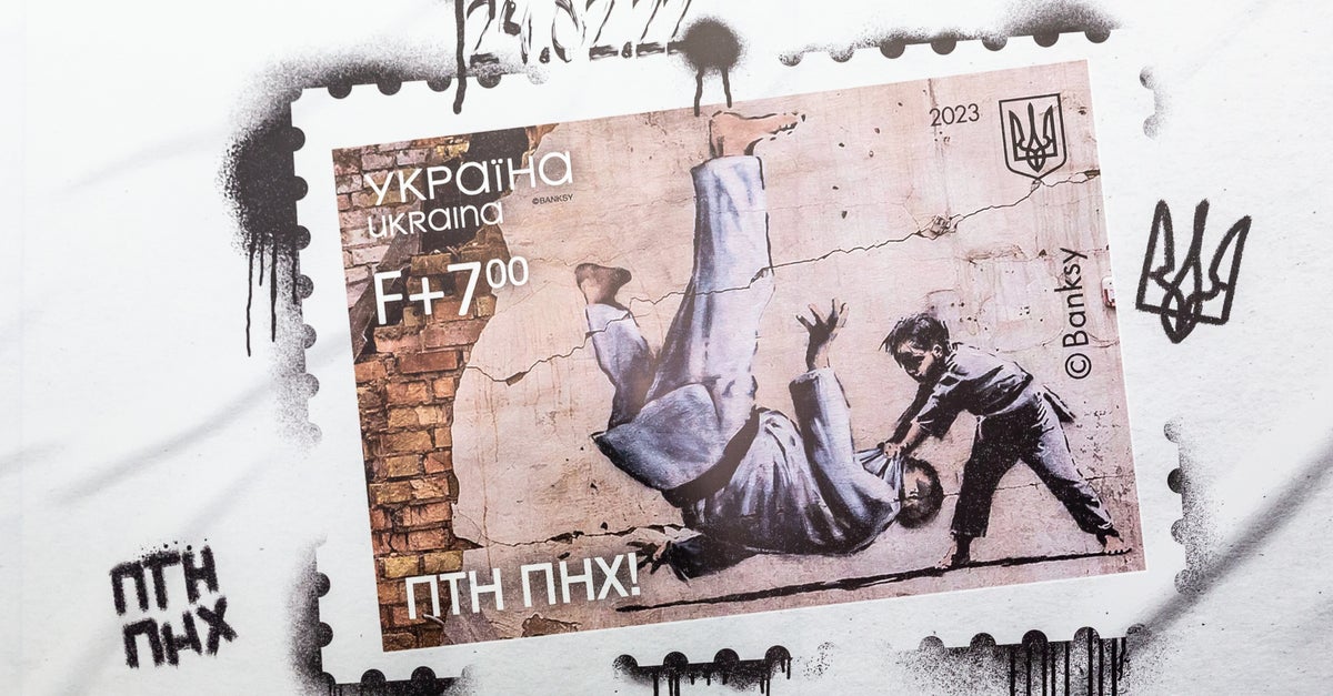 NextImg:Ukraine Turns Banksy Street Art Into Postage Stamp Taunting Putin