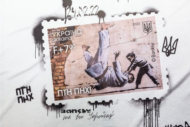 Ukraine's postal service released a stamp with the Banksy artwork on the one-year anniversary of Russia’s invasion.