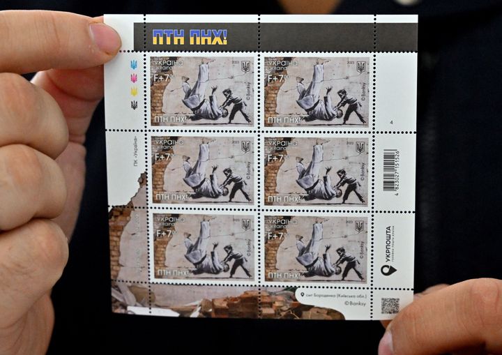 The mural that appears on the new stamp is one of seven that Banksy painted in and around Kyiv last year.
