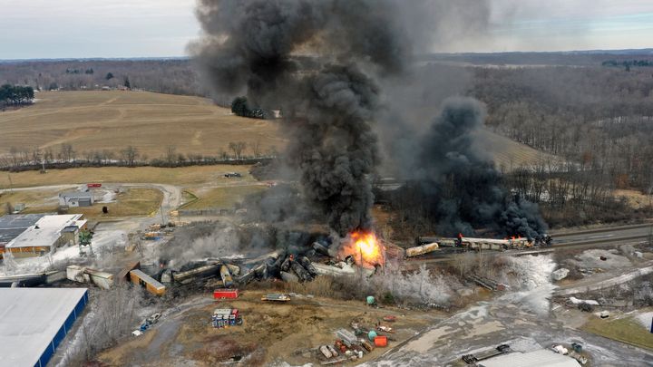 This photo taken with a drone shows portions of a Norfolk Southern freight train that derailed in East Palestine, Ohio.