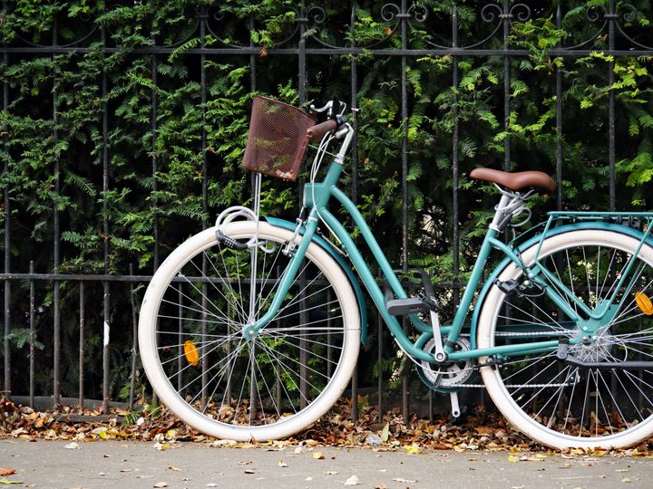 A retro style bicycle strapped with a safety lock to a grid in Paris (Menilmontant), France. In background, a green hedge. The sidewalk is partially covered with dead leaves. Sunlight. Natural colors.No registered trademark or logo visible on the bike. Photograph retouched.