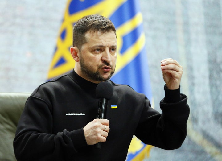 Ukrainian President Volodymyr Zelenskyy answers journalists' questions during a news conference in Kyiv on the anniversary of the start of Russia's war against Ukraine.