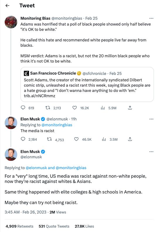 Elon Musk called the media racist while responding to someone taking issue with the Dilbert cartoons being removed from media outlets.