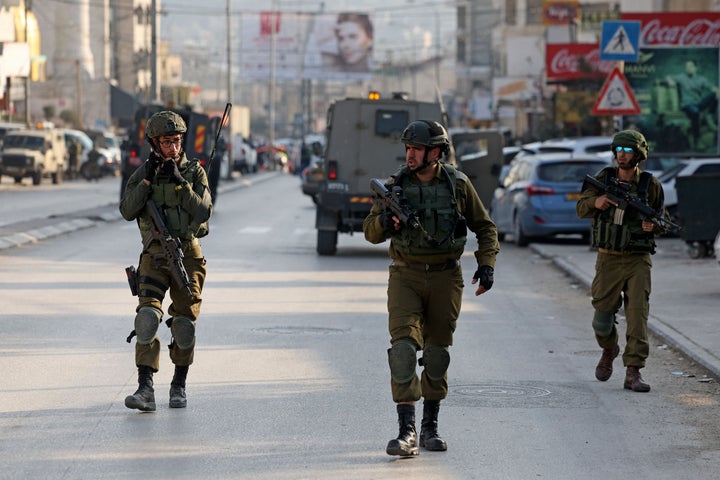 Israeli security forces deploy in the occupied West Bank town of Huwara on February 26, 2023 following the death of two Israelis in a shooting attack.