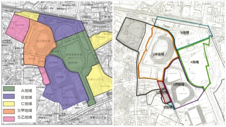 (左）2018年11月時点の風致地区指定（右）建国記念文庫の森や神宮第二球場がS地域に変更された後の地図
