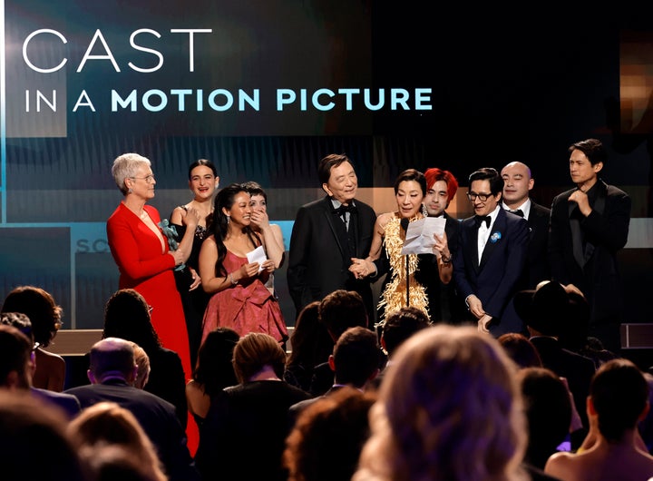 Jamie Lee Curtis, Jenny Slate, Stephanie Hsu, James Hong, Andy Le, Ke Huy Quan, Brian Le and Harry Shum Jr. accept the Outstanding Performance by a Cast in a Motion Picture award for "Everything Everywhere All at Once."