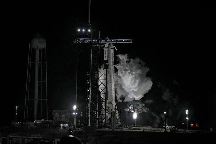 Fuel vents from a SpaceX Falcon 9 rocket as she sits on Launch Complex 39-A on Feb. 27, 2023, after the launch was scrubbed at the Kennedy Space Center in Cape Canaveral, Fla. 