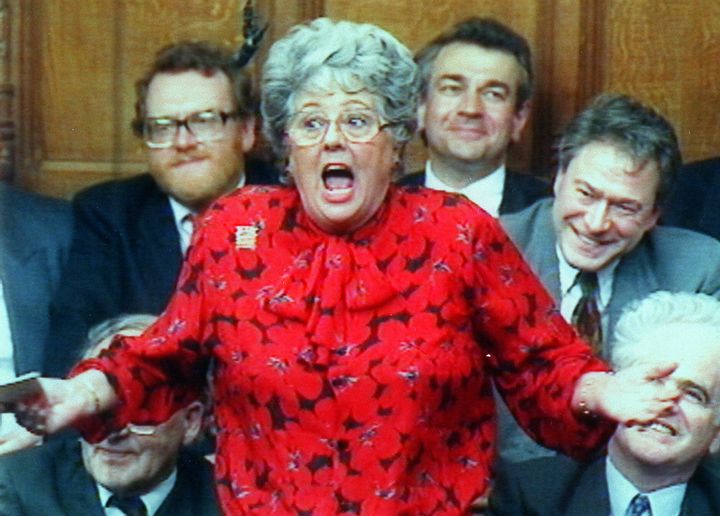 Betty Boothroyd gestures while making her speech for the election as Speaker in the House of Commons. 