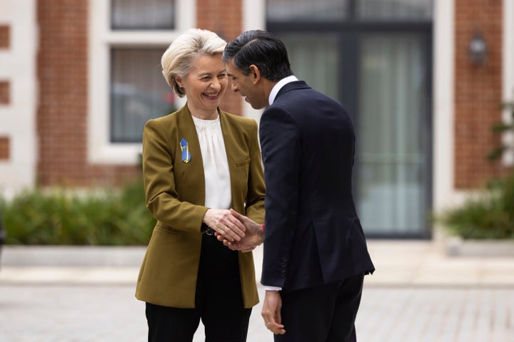 Britain's Prime Minister Rishi Sunak, right, greets European Commission President Ursula von der Leyen at the Fairmont Hotel in Windsor, England, on Feb. 27, 2023. 