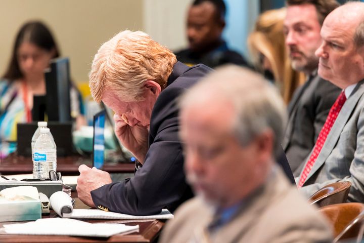 Murdaugh cries while standing trial on two counts of murder in the shootings of his wife and son at their South Carolina home and hunting lodge on June 7, 2021.