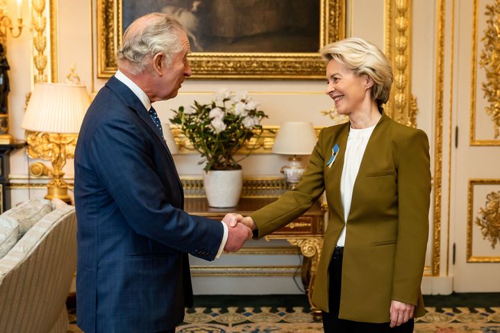 Britain's King Charles III shakes hands with European Commission chief Ursula von der Leyen during an audience at Windsor Castle, February 27, 2023. 