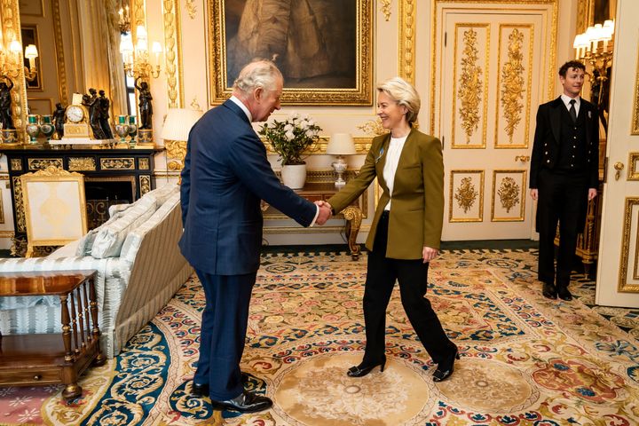 Britain's King Charles III shakes hands with European Commission chief Ursula von der Leyen during an audience at Windsor Castle, February 27, 2023.