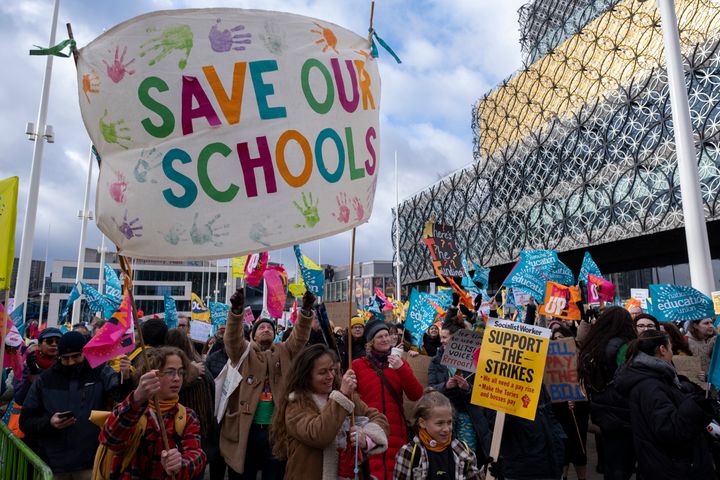 National Education Union strike action rally in Centenary Square on 1st February 2023 in Birmingham, United Kingdom.