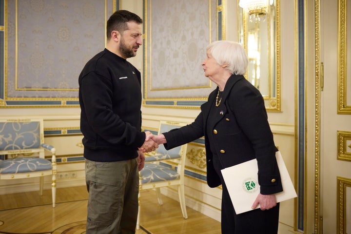 Ukrainian President Volodymyr Zelenskyy, left, and U.S. Treasury Secretary Janet Yellen shake hands during their meeting in Kyiv, Ukraine, on Feb. 27, 2023.