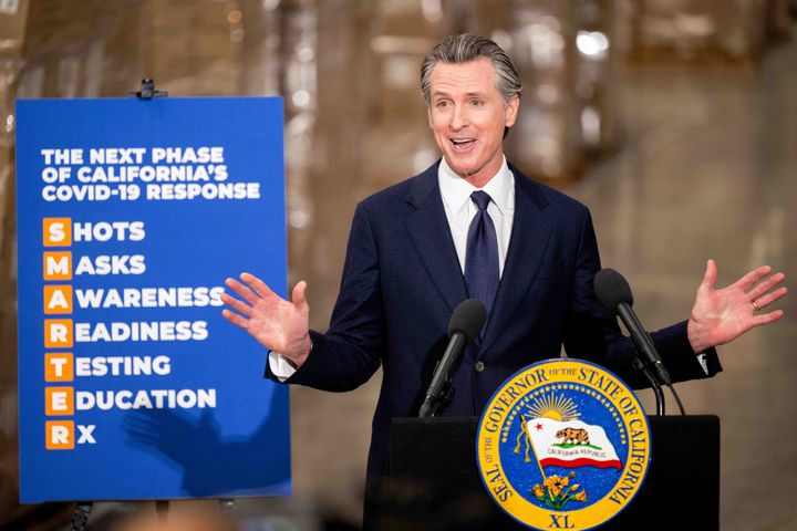 Gov. Gavin Newsom announces the next phase of Californias COVID-19 response called SMARTER, during a press conference at the UPS Healthcare warehouse in Fontana on Feb. 17, 2022. 