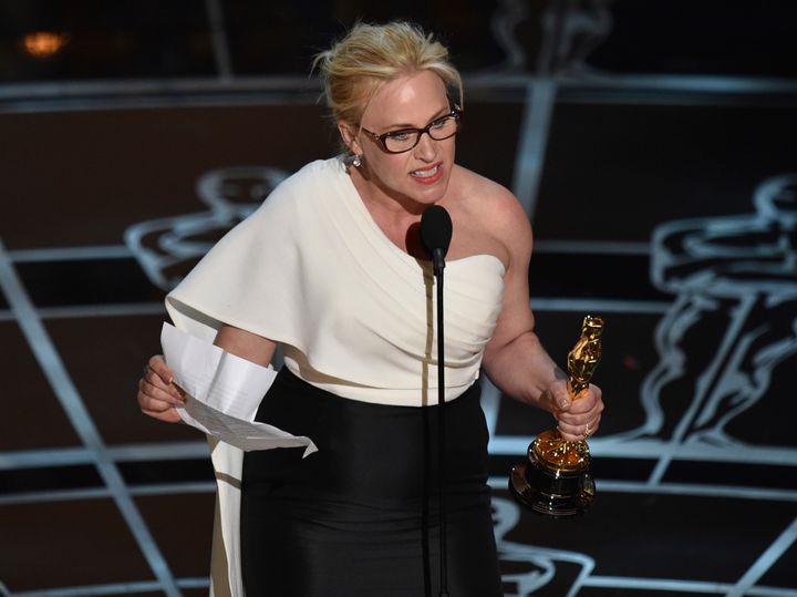 Patricia Arquette delivers an acceptance speech at the 2015 Oscars.