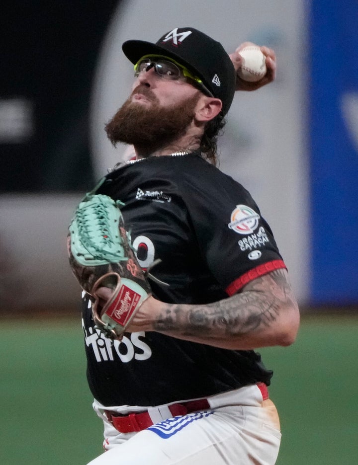 Pobereyko pitches against Curacao during a Caribbean Series baseball game in Caracas, Venezuela, on Feb. 3, 2023.
